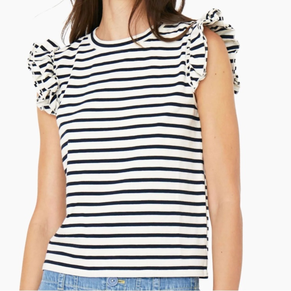KULE Women’s Navy Blue Nautical Striped Kiki Ruffle Sleeve Tank Top Shirt S M